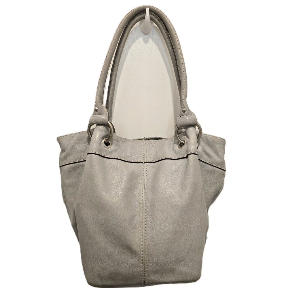 Tignanello Gray Leather Tote Bucket Bag With Striped Interior Double Handles